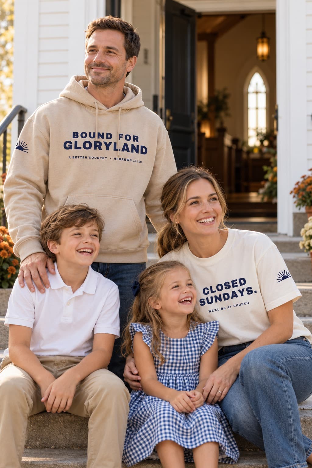 A family on the church steps after service in the Bound for Gloryland hoodie and the Closed Sundays tee